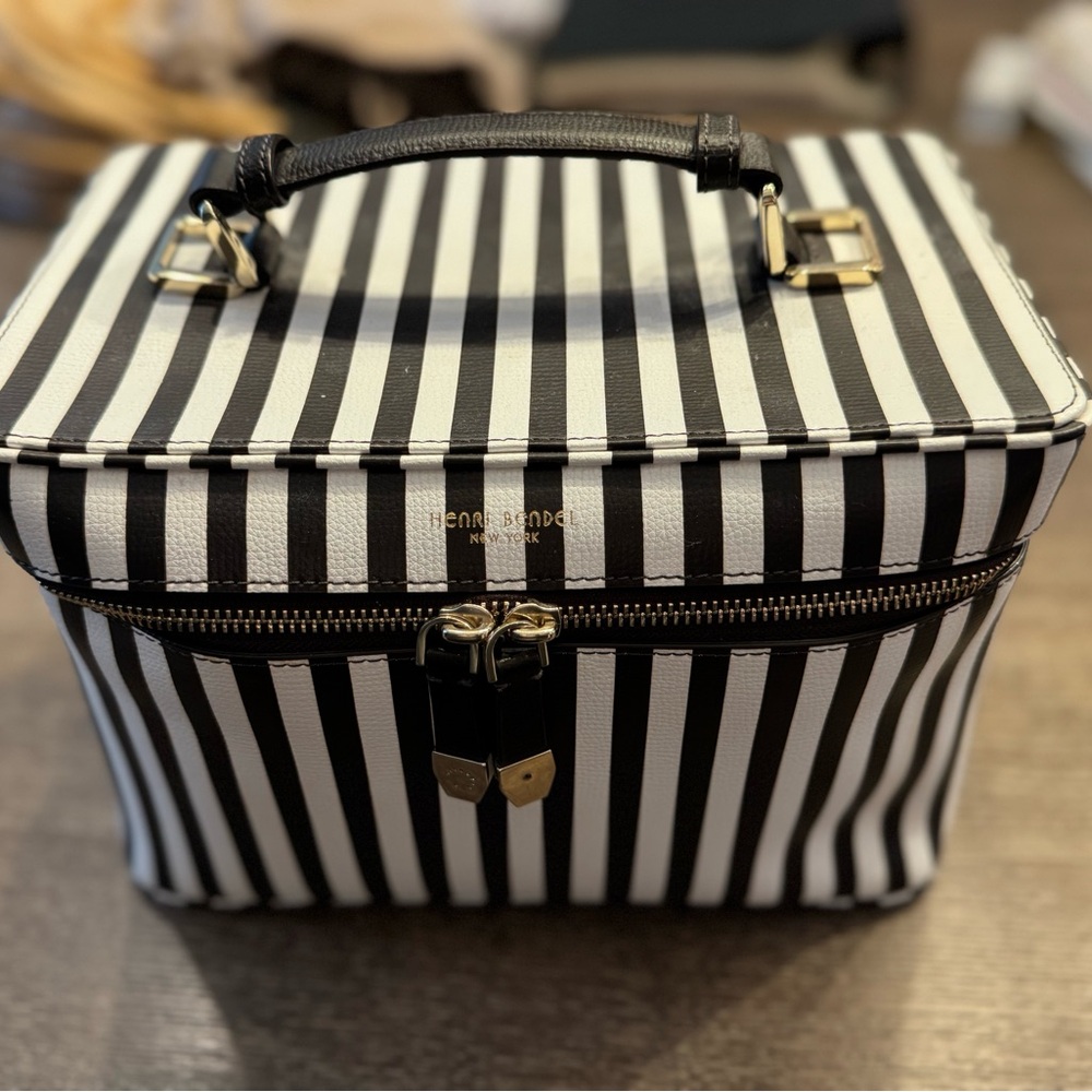 Henri Bendel Black and White Striped Cosmetic Case